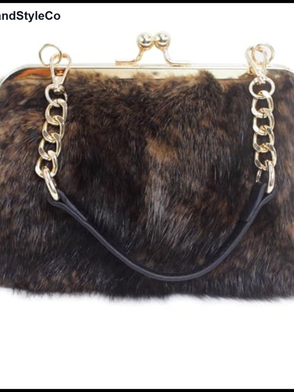 Genuine Mink Fur Handbag Small Kiss Lock Frame Purse with Gold Chain Strap